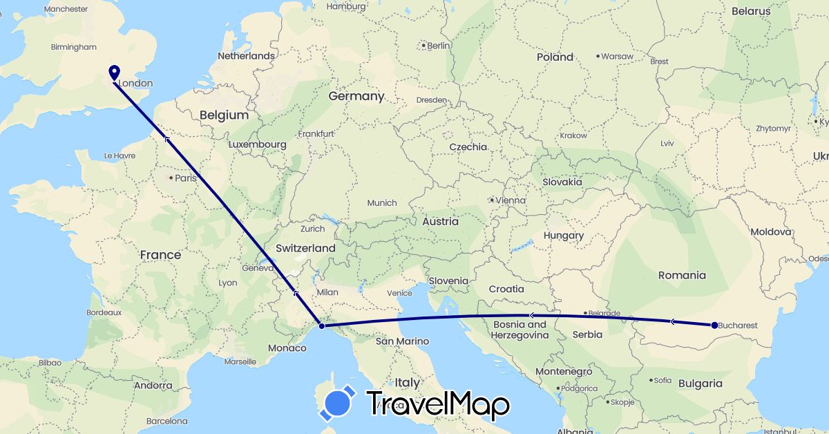 TravelMap itinerary: driving in United Kingdom, Italy, Romania (Europe)